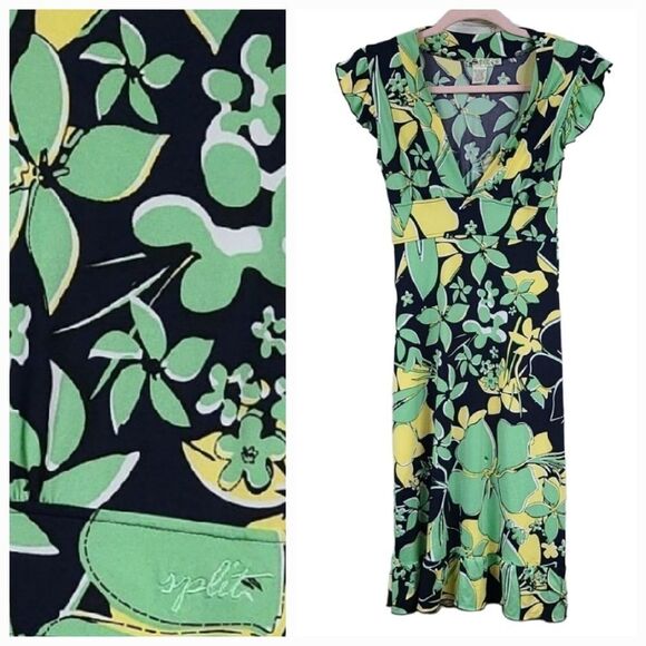 Split Skate/Surf Floral Print Flutter Sleeve Stretchy Knit V-Neck Dress Summer - Picture 1 of 10